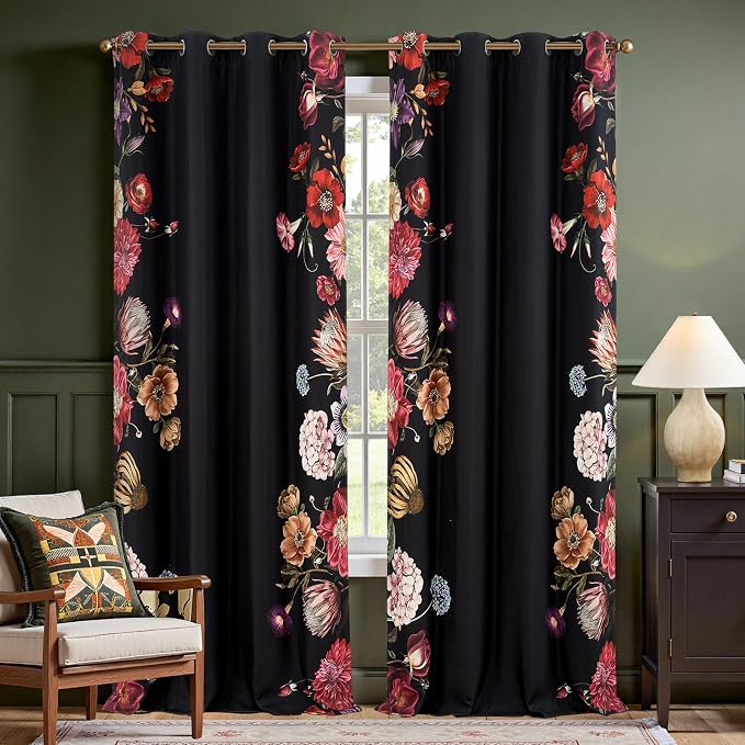 jinchan Black Floral Blackout Curtains 96 Inch Vintage Grommet 2 Panels | Room darkening, privacy, vibrant flower print, retro boho bohemian drapes, bedroom, living room, fall decor, window treatment