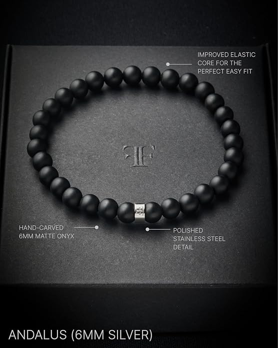 Forge & Foundry Men’s Matte Black Solid Onyx Beaded Bracelet | 10mm, 8mm, 6mm Bead Size Options | Signature Stainless Steel Engraved Bead | Andalus