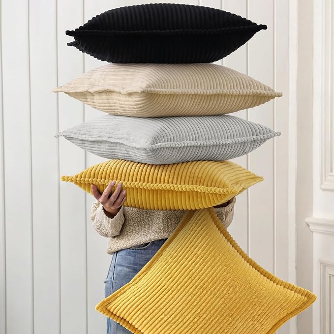decorUhome Fall Corduroy Black Throw Pillow Covers 16x16 Set of 2 | Couch Decorative Soft Modern Boho Farmhouse Pillow Covers Broadside Striped Pillow Cases for Living Room Bed Sofa