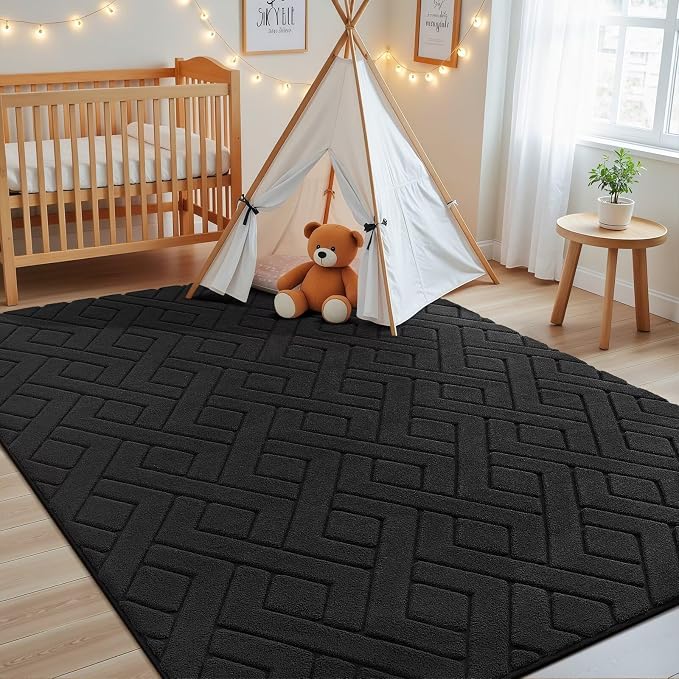 Macgace Ultra Soft Black Area Rug for Living Room, 5x7 Modern Geometric Shag Rugs with Nonslip Backing for Bedroom, Washable Fuzzy Carpet for Cozy Kids Room