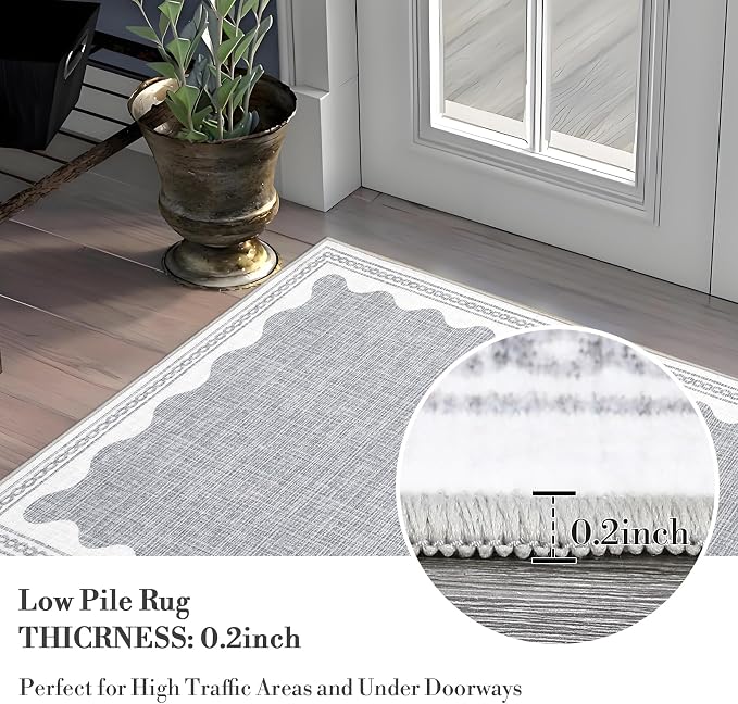 2.5x8 Scalloped Runners Grey Washable Hallways Bedroom Rug | Solid Non Slip Scalloped Bath Runner, Rugs for Bedroom Girls, Rugs for Kitchen Floor Soft Dorm Nursery Carpet for Bedside