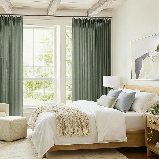 Extra Wide Pinch Pleated 96 Inch Long Linen Curtains 100 Inches Wide | Olive Green, Light Filtering Semi Sheer, Pinch Pleat Curtain, for Living Room Patio Sliding Door, Ceiling to Floor, 1 Panel