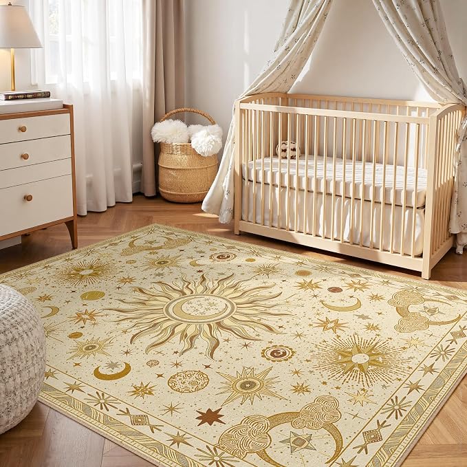 Vacuum-Friendly, 6x9 Washable Area Rug, Beige Camel Brown | Sun and Moon Boho Gothic Non-Slip Low Pile Living Roon Bedroom Dining Room Kitchen Entry Entryway Entrance Hallway Doormat