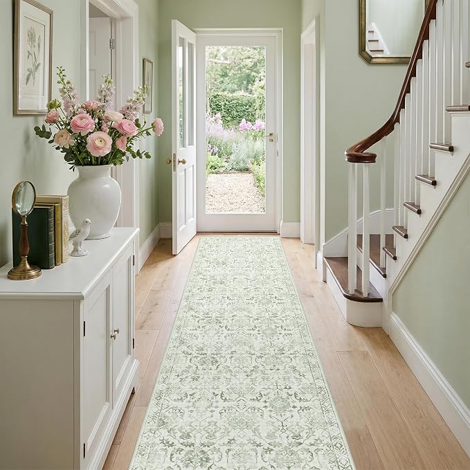 Sage 2x10 Runner Rug for Hallways Bed Side Kitchen, Boho Washable Distressed Low-Pile Floor Entryway Long Bathroom Mat, Non-Slip Laundry Room Washstand Front Carpet Green 24x120 Inch