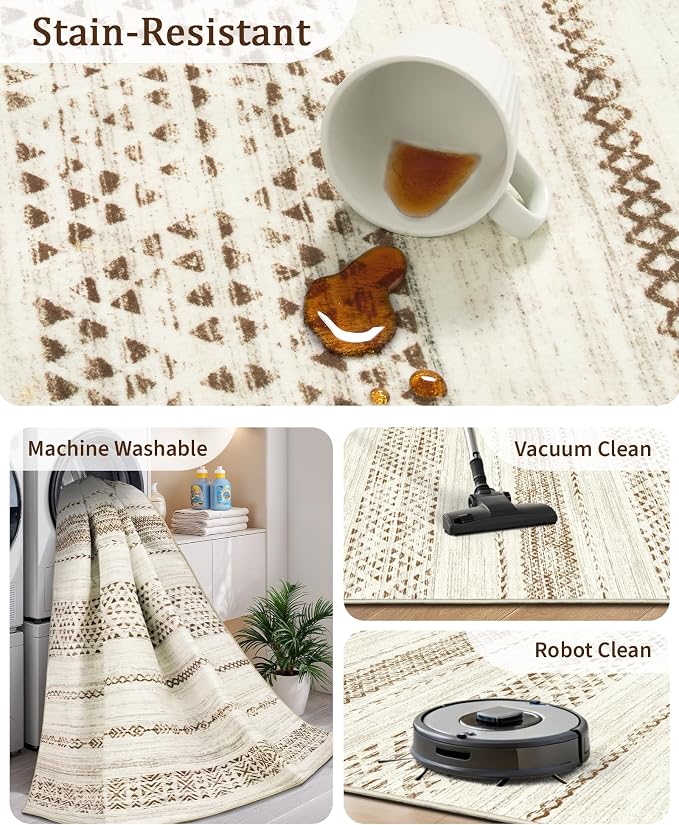 Miukiki 10x14 Area Rugs for Living Room Moroccan Washable Rugs Non Slip Indoor Floor Carpet Foldable Large Soft Area Rug with Low Pile for Dining Room Bedroom Office(Brown,10'x14')