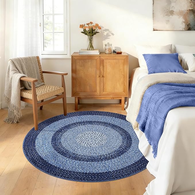 Modern Bordered Round Area Rug 4ft Washable Bedroom Circle Rugs Non Slip Stain Resistant Dining Room Round Throw Carpet Contemporary Circle Mats for Living Room Kitchen Nursery, Navy