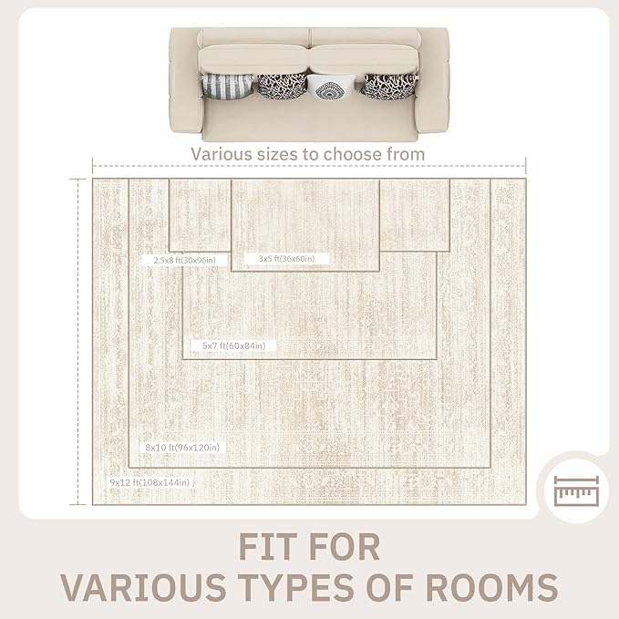 Soalmost 9x12 Area Rugs for Living Room, Washable Soft Rug Beige/Cream | Non-Slip Low Pile Natural Vintage Floral Rug Throw Carpet for Dining Room Bedroom Home Office Nursery 9'x12'