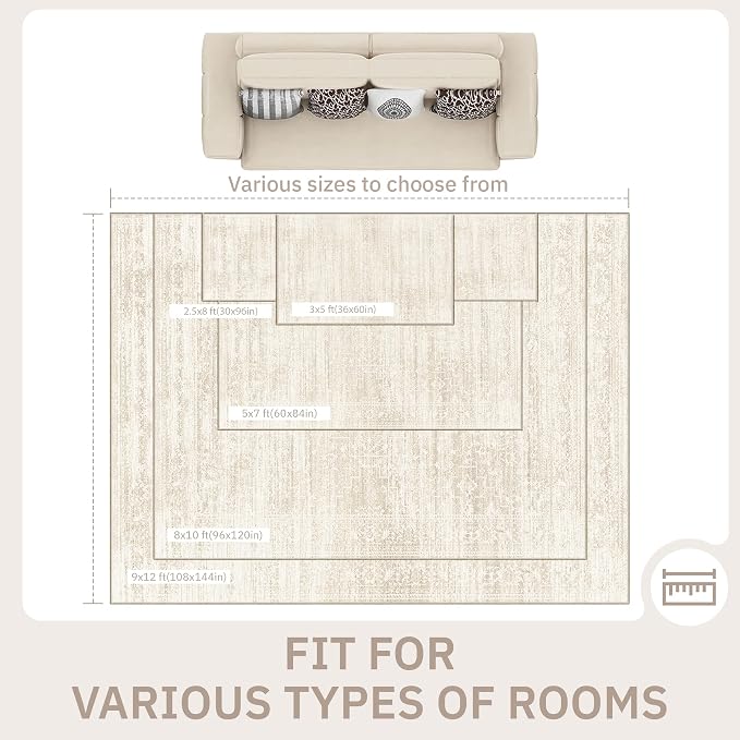 Soalmost Living Room 10x14 Area Rugs, Washable Soft Rug Beige/Cream | Low Pile Non-Slip Stain Resistant Extra Large Thin Rug, Vintage Throw Carpet for Dining Room Bedroom Farmhouse Home Office