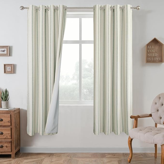 DriftAway Farmhouse Stripe Blackout Curtains, W52xL63, Loden Green | Blackout, Linen Texture, Stripe Pattern, Rod Pocket & Back Tab, Two Layers, Bedroom Living Room Use, Sound Reducing Design