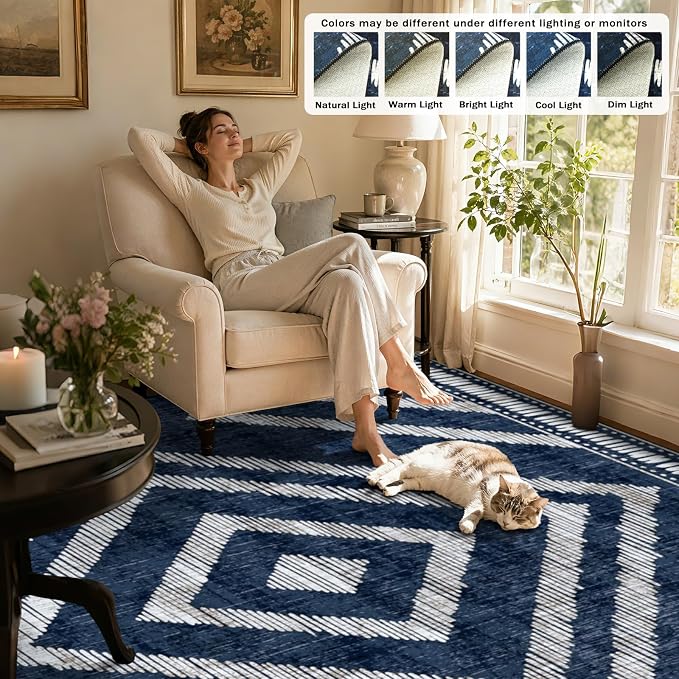 8x10Ft Boho Washable Area Rugs for Living Room, Navy Blue Thin Kids Nursery Bedroom Rugs Non Slip, Moroccan Soft Dining Room Area Floor Carpets for Playroom Kitchen Home Office Decor