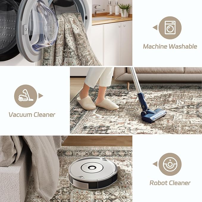 Roxstand Washable 2.6x8 Hallway Runner Rug, Brown/Beige | low-pile carpet, non-slip backing,8ft runner, stain resistant, runner for kitchen, laundry room, entryway,vintage design