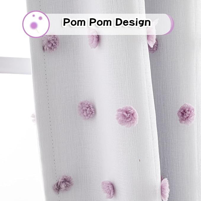 MYSKY HOME 100% Blackout Curtains for Girls Bedroom 54 Inch Long Purple Pom Pom Full Blackout Curtains for Kids Room 2 Panels Room Darkening Small Window Treatment Grommet 2 Layered Drapes 52"W x 54"L