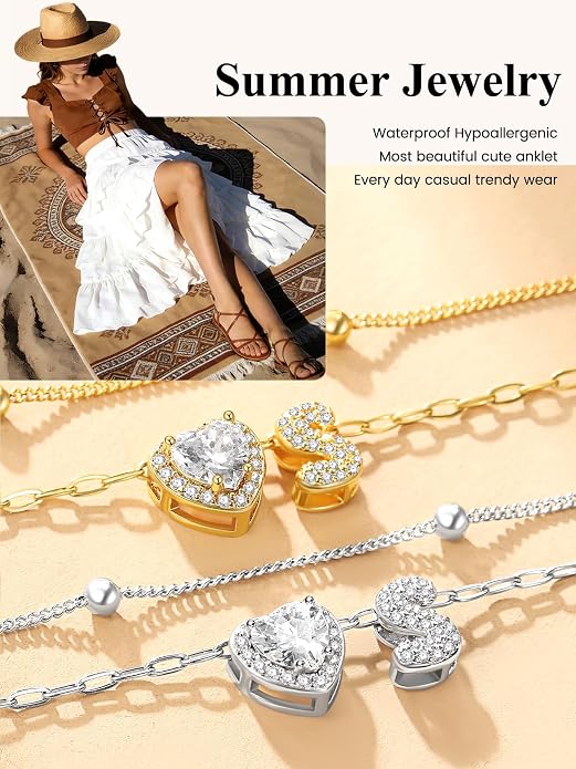 Bestyle Initial Anklet Bracelets for Women Waterproof Non Tarnish 14K Gold/White Gold Plated CZ Anklets for Women Dainty Layered Letter Heart Ankle Bracelets Adjustable Foot Chain Anklet