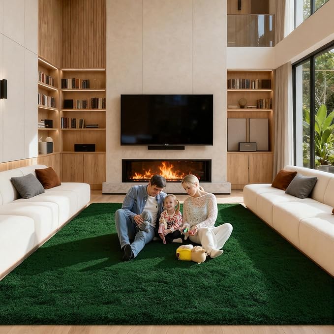 Area Rugs 9x12 Living Room, Large Fluffy Dark Green Rugs for Bedroom, Fuzzy Shag Soft Non-Slip Carpet for Kids Girls and Boys Nursery Dorm Indoor Room Home Decor (9ft X 12ft, Dark Green)