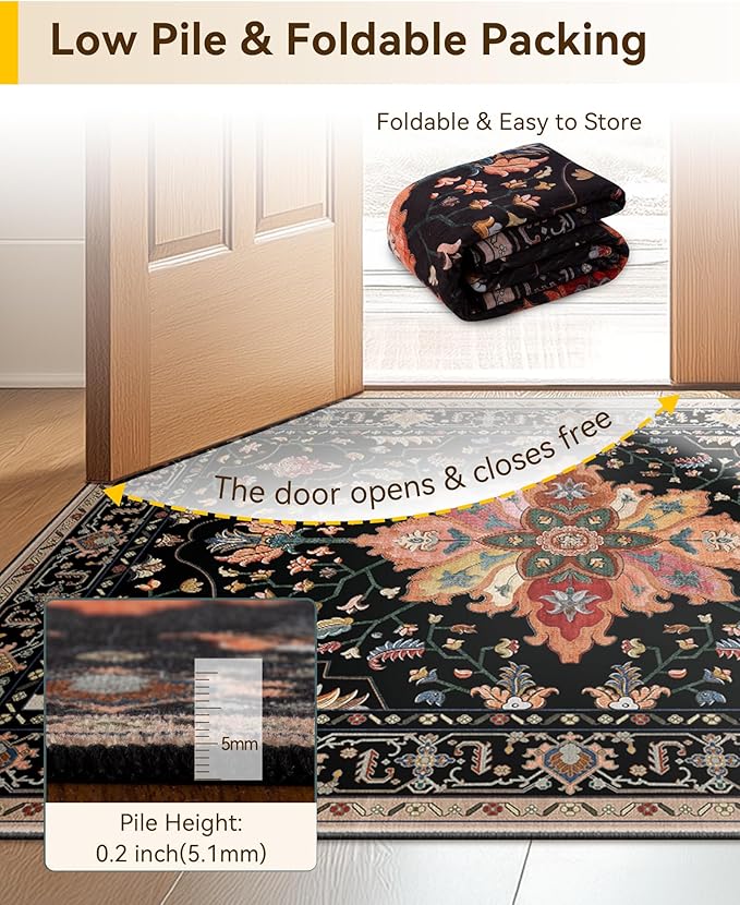 RELEANY Area Rugs Runner 3'x8' Washable Non-Slip, Floral Vintage Distress Medallion Carpet for Kitchen Hallway Bedroom Beside Laundry Room Bathroom, Black Colorful Floral Dark Tan