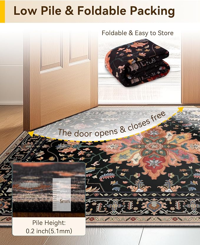 RELEANY Area Rugs Runner 2'x10' Washable Non-Slip, Floral Vintage Distress Medallion Carpet for Kitchen Hallway Bedroom Beside Laundry Room Bathroom, Black Colorful Floral Dark Tan