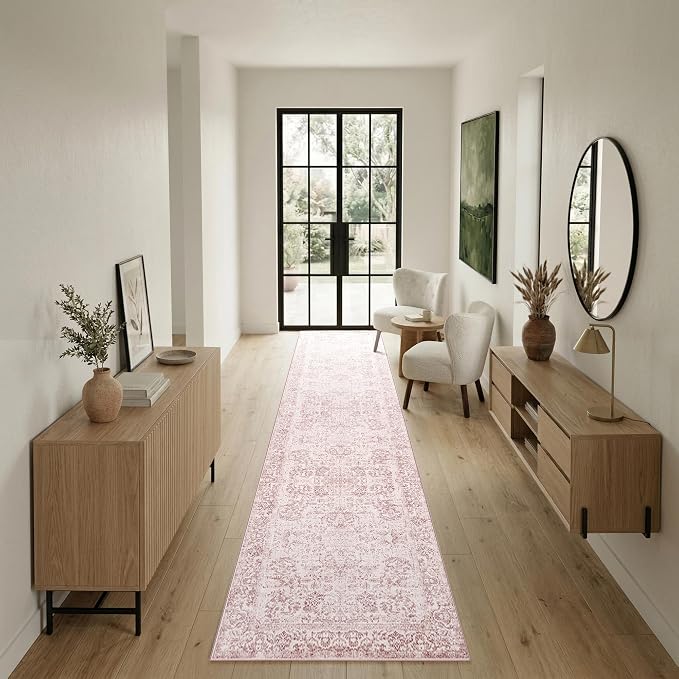 Rugxara 2x10 Washable Runner Rug, Non Slip Boho Runner Rugs for Hallway, Kitchen, Entrance, Bathroom, Laundry Room, Soft Ultra-Thin Entryway Carpet, Throw Low Pile Retro Imitation Carpet, Pink