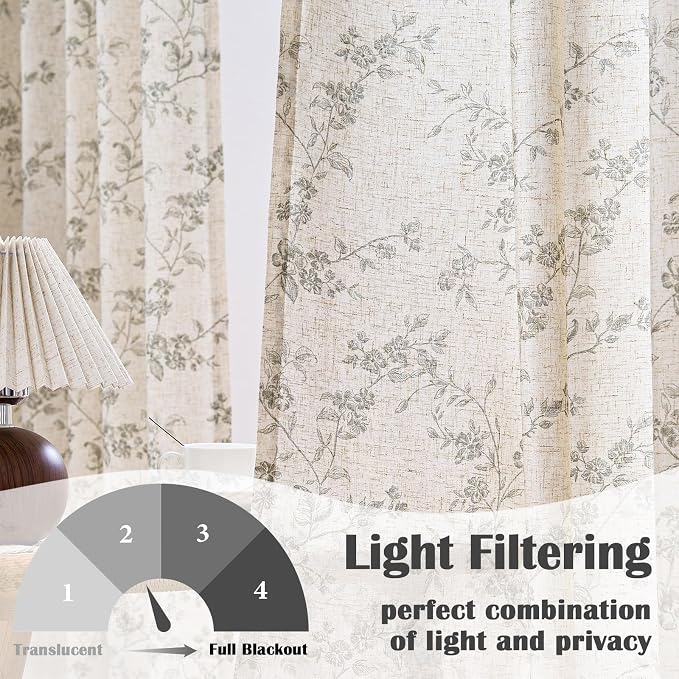 Lazzzy Grey Floral Linen Curtains 63 Inch Farmhouse Back Tab Drapes for Living Room Bedroom Light Filtering Vintage Grandmillennial Rod Pocket Curtains, 2 Panels, W38 x L63, Grey on Beige