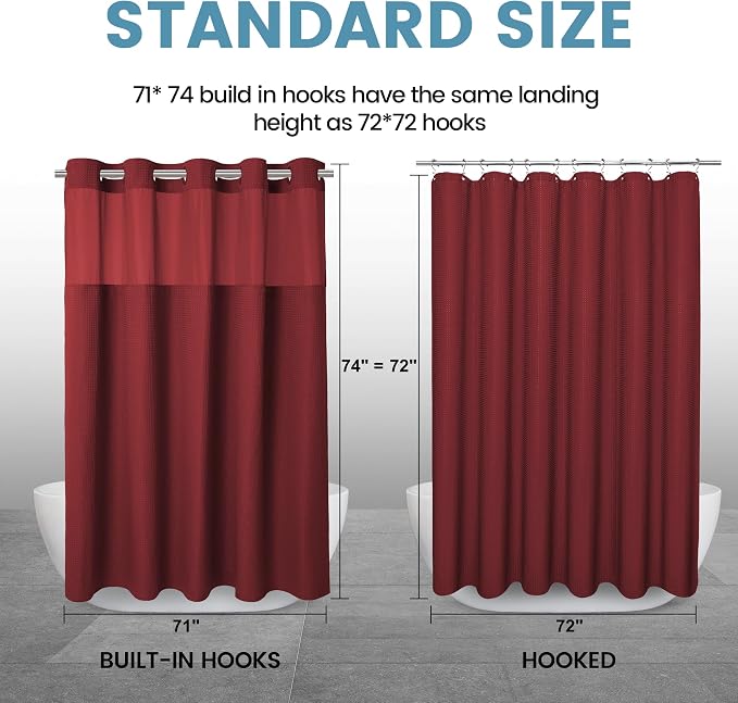 EUTXL Heavyweight Burgundy No Hook Shower Curtain with Snap in Liner,256GSM Waffle Weave Shower Curtains for Bathroom,71W x 74H