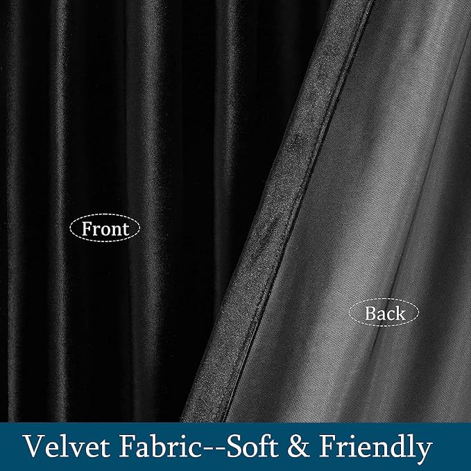 PRIMROSE Black Curtains 90 inch for Living Room Velvet Drapes Blackout Rod Pocket Back Tab Window Treatment Semi Room Darkening Decor Curtains for Bedroom Set of 2 Panels