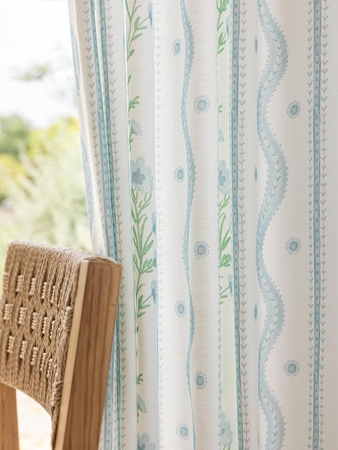 DrapePalette - Linen Blend Pinch Pleated Curtains 96 Inches Long for Living Room, Bedroom, Dining Room, Light Filtering Curtains 2 Panels Set, Modern Floral Printed Design, Blue Trellis, 30" W x 96" L