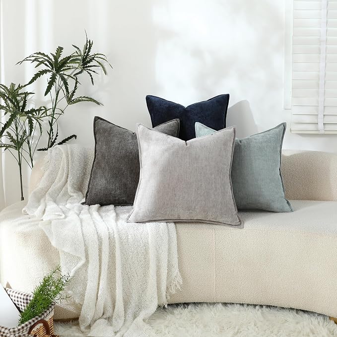 Stellhome Soft Decorative Chenille Pillow Covers 18x18 Inch Natural Grey Boho Farmhouse Neutral Couch Throw Pillows for Bed Sofa Livingroom Pack of 2 Accent Modern Pillowcase Home Decor