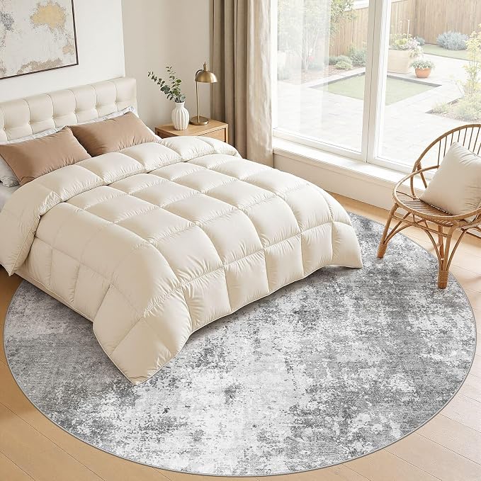 8ft Round Area Rugs for Living Room, 8x8 Washable Non Slip Soft Large Rugs for Bedroom Dining Room, Modern Abstract Low Pile Stain Resistant Carpet for Laundry Office Home Decor - Gray