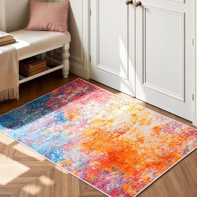 Rugflix 3x5 Entrance Rugs, Entry Rug Washable Non-Slip Stain-Resistant Low Pile, Small Modern Dark Carpet for Living Room Bedroom Indoor, Rainbow