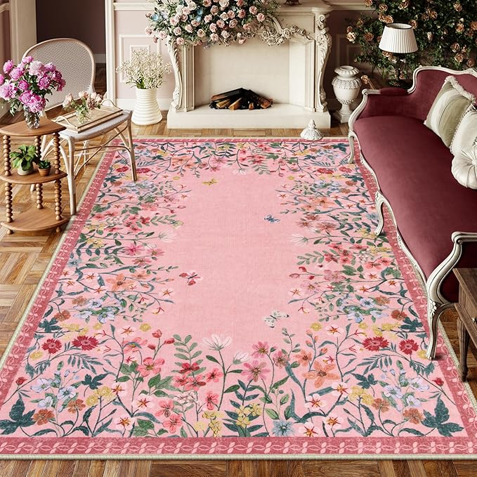 Wonnitar 6x9 Washable Area Rug, Pink Floral Rug for Girls Bedroom, Boho Botanical Nursery Rug, Non Slip Low Pile Living Room Carpet, Vintage Flower Dorm Decor (6x9 Pink)