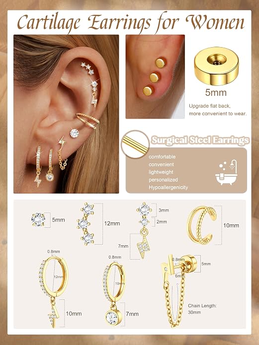 Dochais Flat Back Cartilage Earrings for Women Trendy Dainty CZ Flatback Studs Earing Sets 14k Gold Plated Hypoallergenic Huggie Hoops Earring Stacks for Multiple Piercing