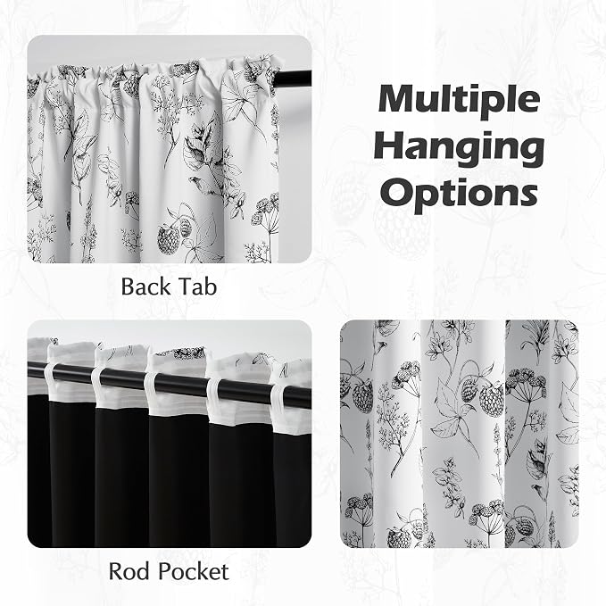 FMFUNCTEX 100% Blackout Black Floral Curtains 96 Inch Back Tab 2 Panels | Black Out Drapes, Thermal Insulated Cottage Farmhouse, Lichi Patterned Extra Long Curtain for Bedroom, Living Room Darkening
