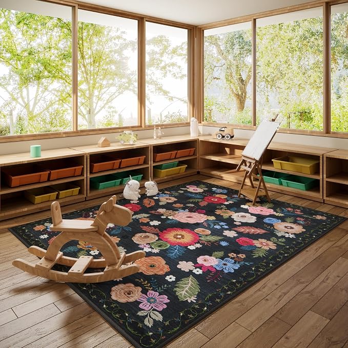 6x9 Area Rugs for Living Room: Washable Bedroom Rug Non Slip Low Pile Soft Faux Wool Non Shedding Vintage Floral Large Carpet for Dining Room Under Table Nursery Entryway Home Office Farmhouse Indoor