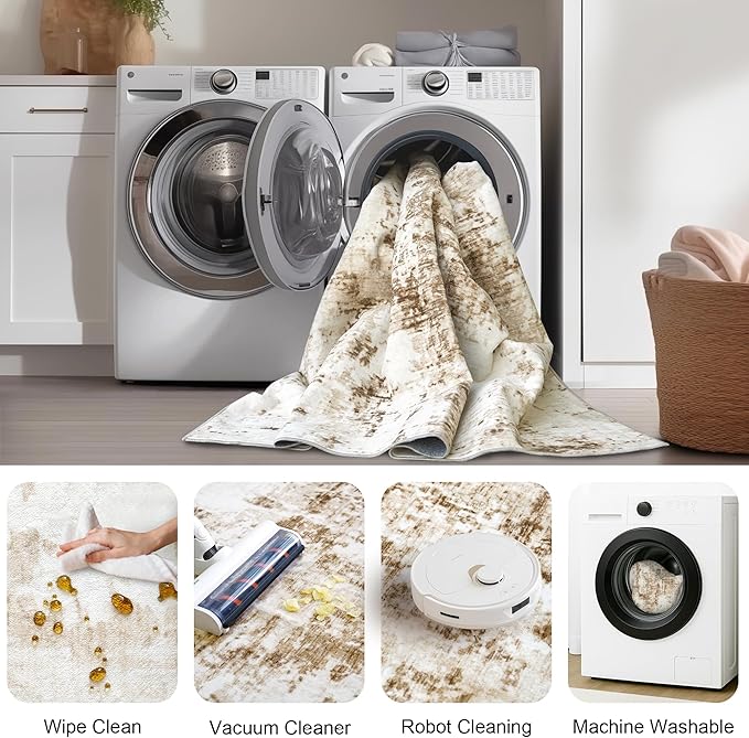FMFUNCTEX Entryway Rug 2x3 Washable Brown Beige Modern Abstract Door Mat Non Slip Low Pile Indoor Carpet Soft Small Entrance Throw Rugs for Entrance Entry Bedroom Kitchen Bathroom Laundry