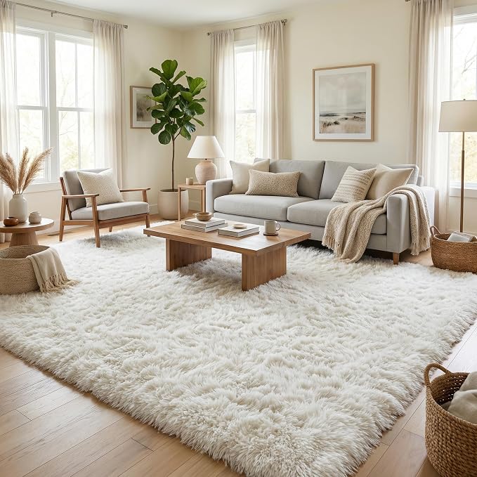 Fluffy Rugs for Living Room: White Soft Shag Rug for Bedroom, Large Fuzzy Plush Indoor Carpet Non Slip Modern Rug for Nursery Kids Room Dorms Office Home Decor, 9x11 Feet