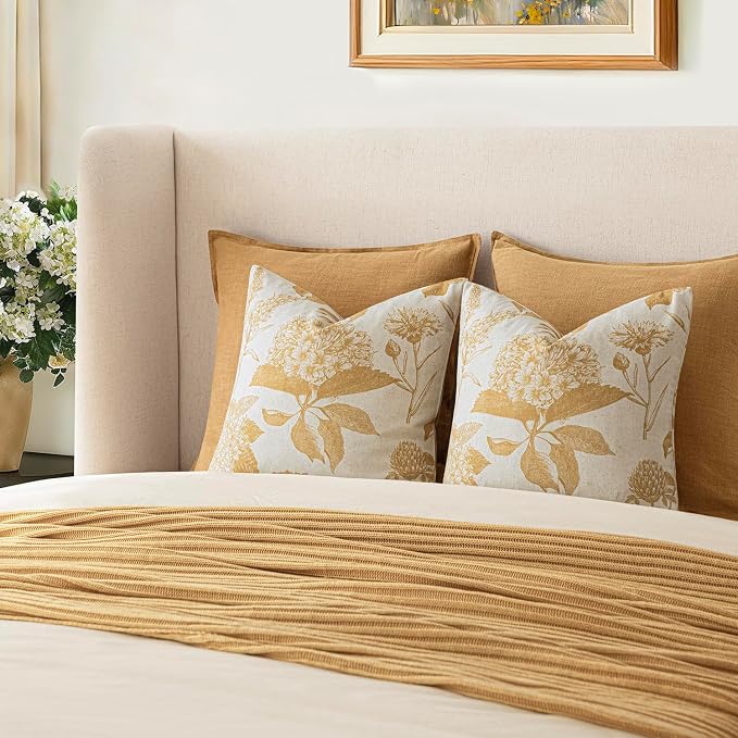 Foindtower Set of 2 Linen Floral Vintage Throw Pillow Covers Neutral Accent Print Decorative Cozy Cushion Covers Farmhouse Home Decor for Sofa Chair Couch Bed Living Room,24×24 Inch,Light Yellow