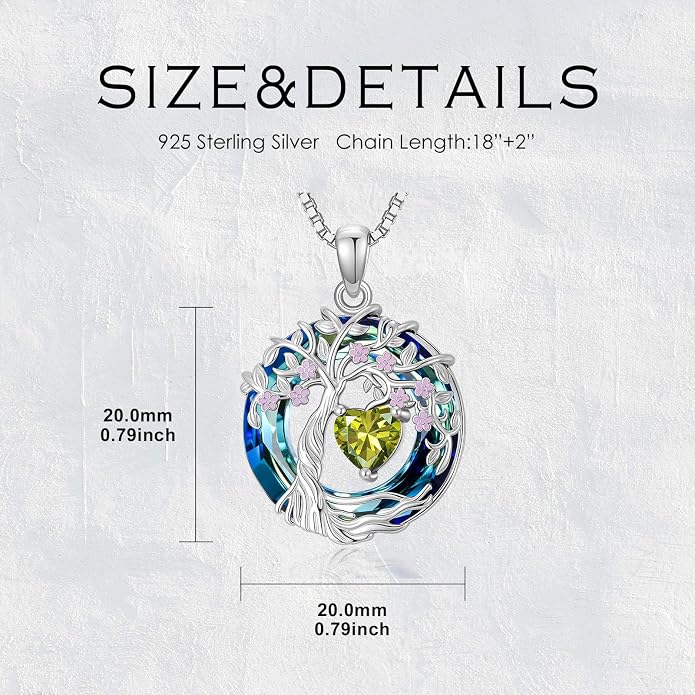 Tree of Life Birthstone Necklace 925 Sterling Silver Crystal Tree of Life Pendant Birthstone Jewelry Birthday Christmas Gifts for Women Mom Her Wife