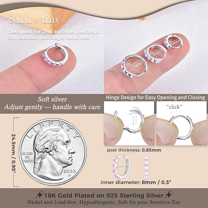 Tiny Mini Opal Huggie Hoop Earrings Upper Ear Cartilage Helix 18k Gold Plated Silver Minimalist Simple Small 10mm 8mm 6mm Hoop Earrings
