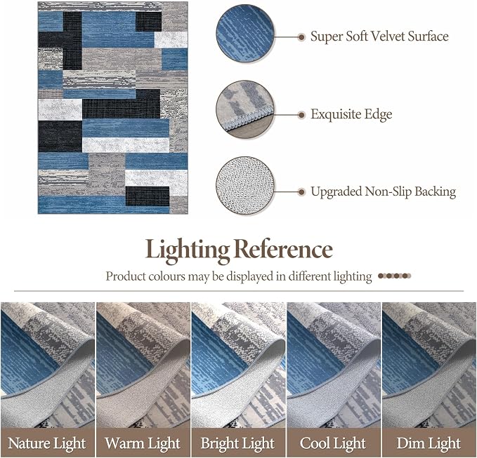 FlyDOIT Modern Geometric Patchwork Area Rug, 5x8 Blue Large Rugs for Living Room, Rockwood Collection Indoor Rugs for Bedroom, Throw Carpet Floor Decor for Entryway Dining Room Office Nursery