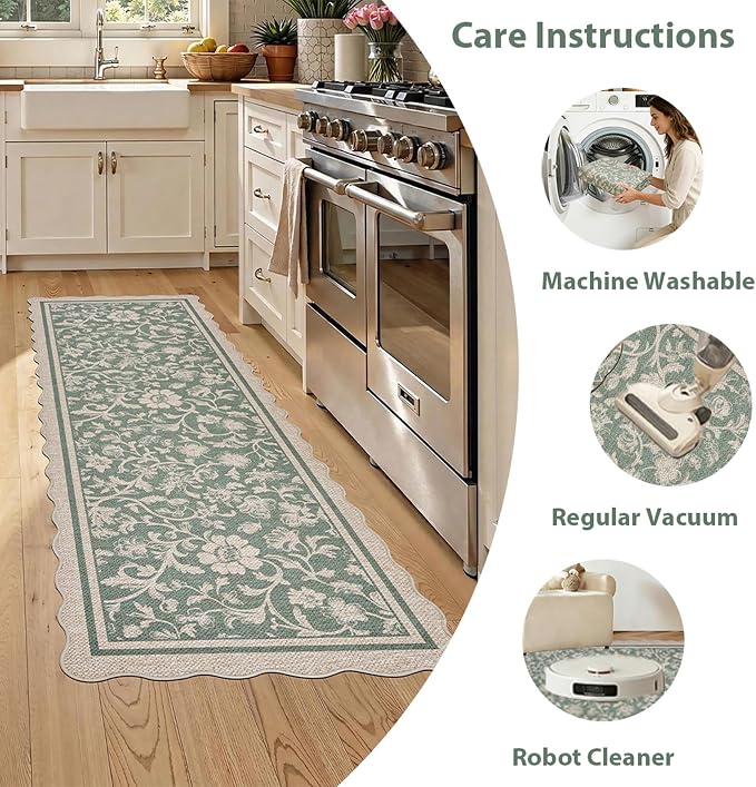 ORTIGIA Scalloped Easy Jute 2x6 Kitchen Runner Rug Vintage Green Floral Farmhouse Washable Rug Non-Slip Outdoor Carpet for Entryway Indoor Hallway Patio Laundry Room