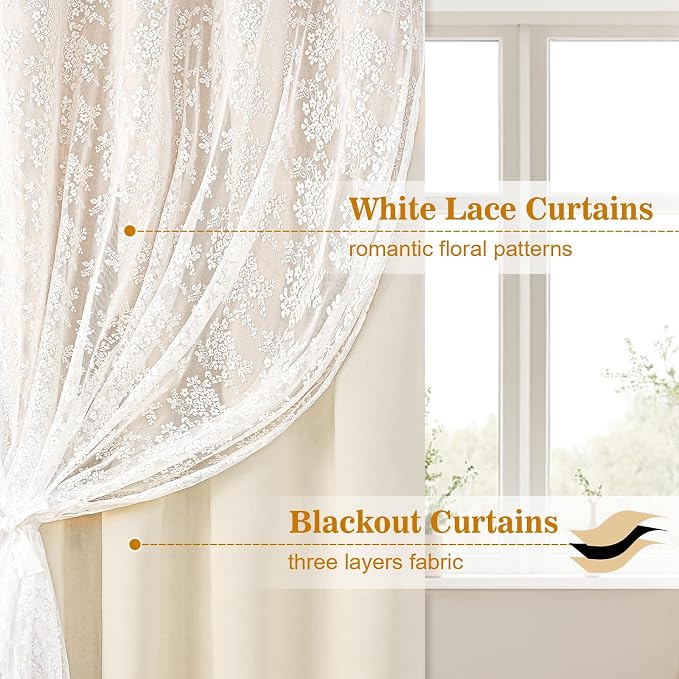 Yinhua Blackout Curtains for Bedroom Double Layer Beige Curtains for Living Room 84 Inches Long Nursery Curtain with Tiebacks, Thermal Insulation Grommet Drapes for Toddler, 52" W x 84" L