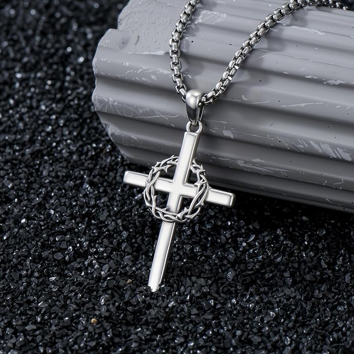 Crown of Thorns Necklace for Men 925 Sterling Silver Nail Cross Necklace Pendant Religious Christian Jewelry Valentines Day Gifts for Men