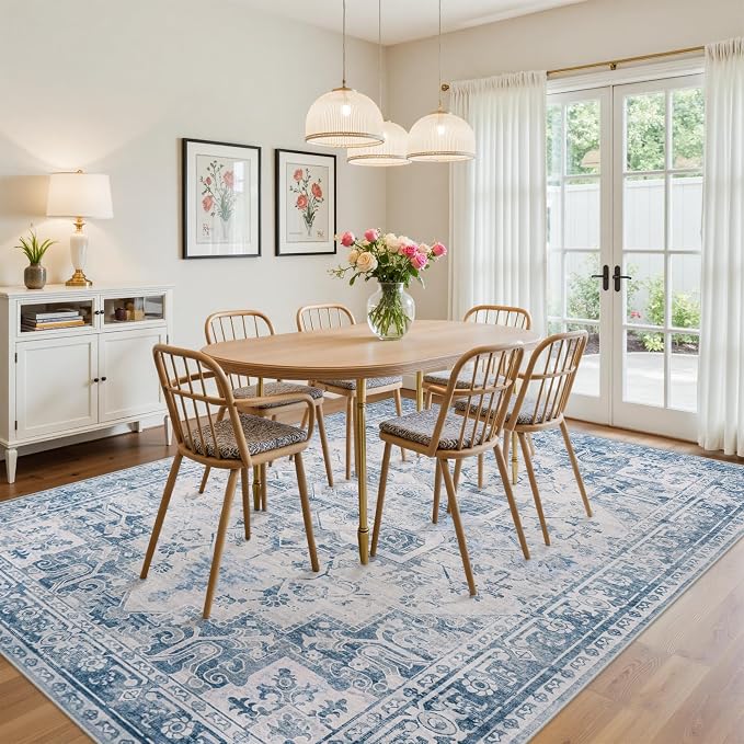 9x12 Area Rugs for Living Room:Blue Washable Vintage Medallion Boho Rug Non-Slip No Slip Stain Resistant Soft Low Pile Large Rugs Indoor Retro Carpet for Bedroom Nursery Dining (Blue Grey 9'x12')