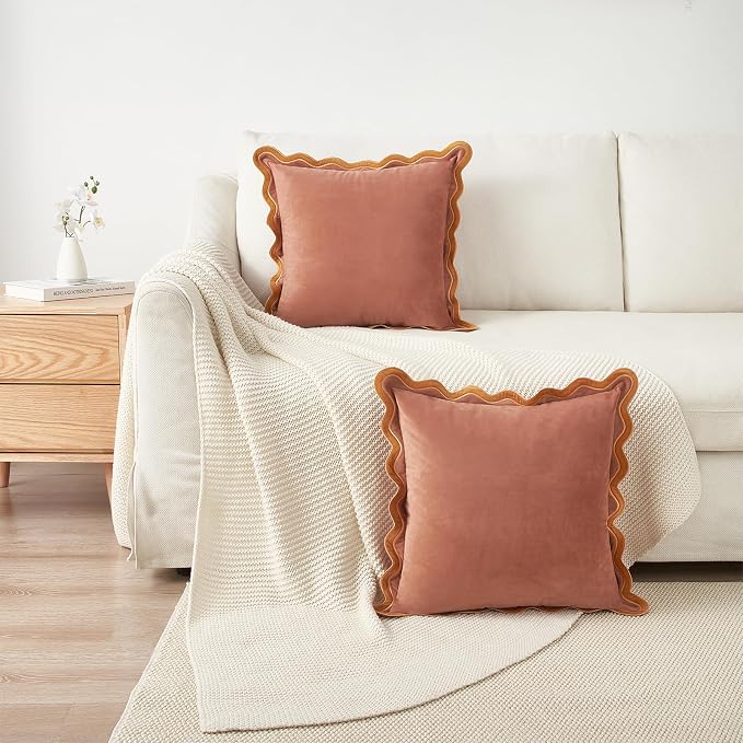 MONDAY MOOSE Decorative Throw Pillow Covers Cushion Cases, Set of 2 Soft Velvet Scalloped Wavy Edge Designs, Mix and Match for Home Decor, Pillow Inserts Not Included (22x22 inch, Pink/Honey)