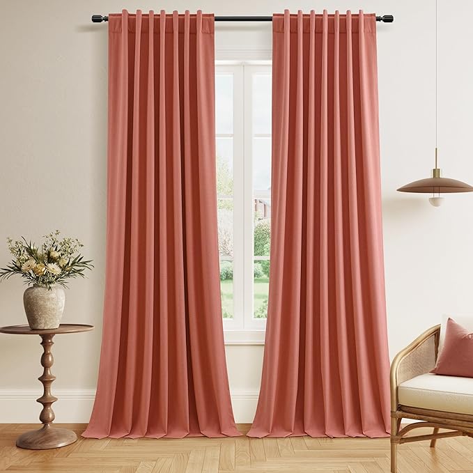 Guken Coral 100% Blackout Linen Curtains 120 Inch Length 2 Panels Set for Living Room Bedroom Back Tab/Rod Pocket Thermal Insulated Farmhouse Black Out Drapes Room Darkening,52x120