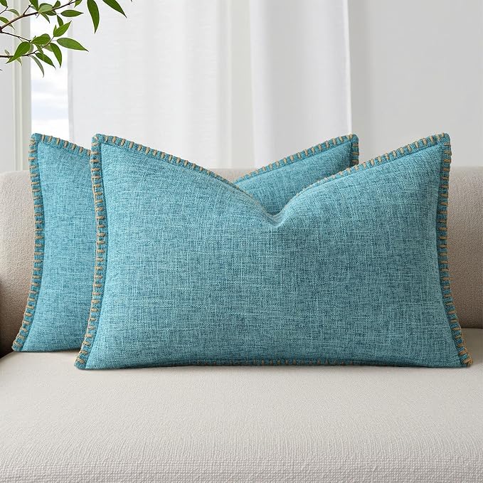 decorUhome Teal Faux Linen Outdoor Throw Pillow Covers 12x20 Set of 2 | Fall Decorative Textured Neutral Modern Farmhouse Pillow Covers with Stitched Edge for Couch Sofa Bed Living Room