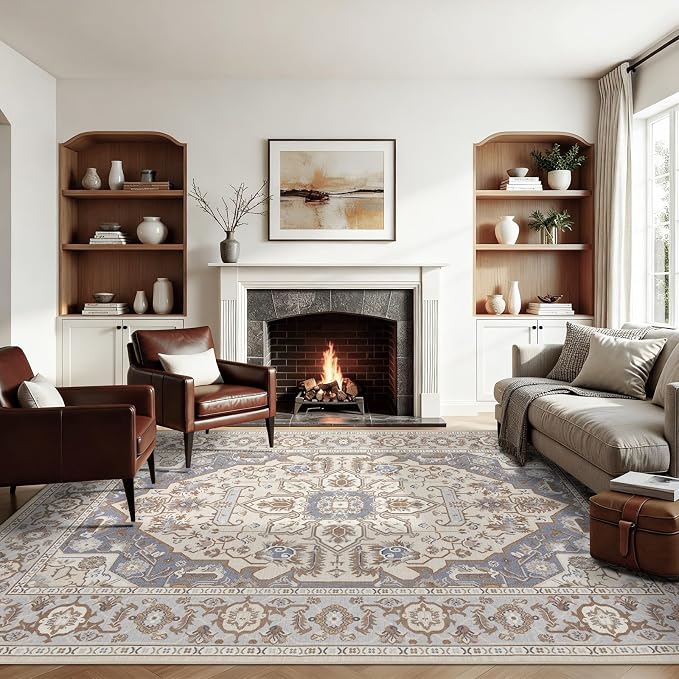 Joydeco 8x10 Area Rugs for Living Room, Non Slip Machine Washable Vintage Rug, Low Pile Chenille Print Rugs for Bedroom, Dining Room, Home Office, Pet & Child Friendly, Beige & Blue & Reddish-Brown
