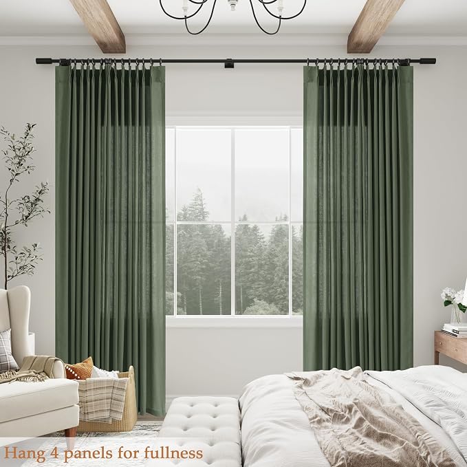 Aersas Olive Green Pinch Pleated Linen Curtains 84 Inches Long for Living Room with Hooks Back Tab Light Filtering Boho Forest Hunter Moss Sheer Green Curtain 84 Inch Length for Bedroom