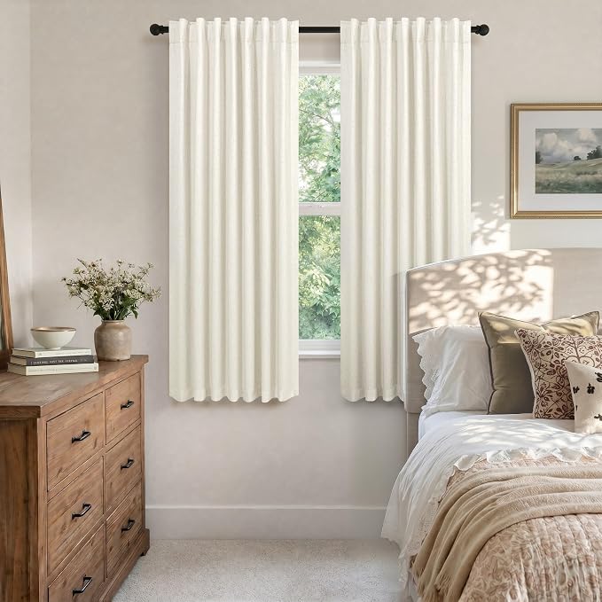 Room Darkening Curtains 63 Inches Long Small Bay Window Dining Room Curtains Boho Soft Cotton Linen Textured Insulated Back Tab Pocket Pleated Blackout Drapes Cream Ivory 52 x 63 Inch Length 2 Panels