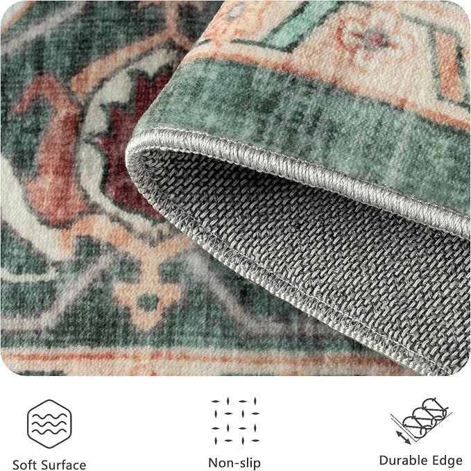 5x7 Area Rugs - Washable Rug Vintage Distress Boho Medallion Rugs for Living Room, Soft Non-Slip Backing Low Pile Carpet for Bedroom Dining Room Office Nursery Dorm Home, Green Brown