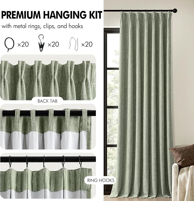 MIULEE Sage Green Pinch Pleated 100% Blackout Linen Curtains 96 Inch Length 2 Panels Set, Black Out Memory Trained Pleat Curtains Light Blocking Room Darkening Drapes for Bedroom Living Room Window